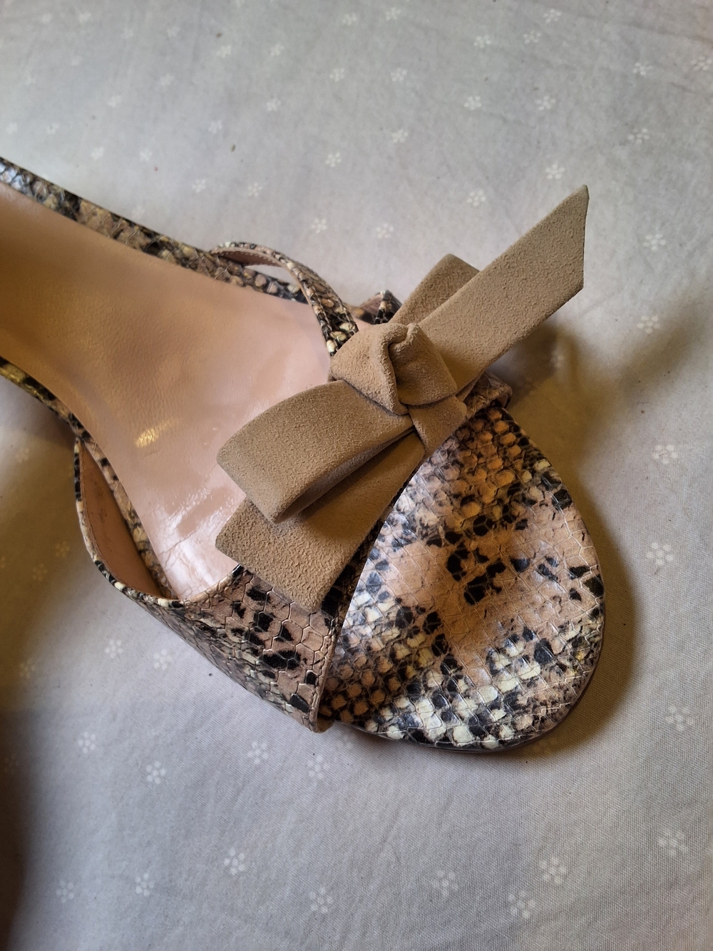 kate spade Taupe Bow Snake-Print Open-Toe Heels